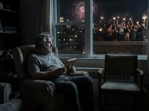Prompt: A realistic image of a man who's wife has died, and he's living a lonely and depressed life all alone. People are celebrating the New Year in the distance and he's nowhere near them. The scene shows the emotional separation he feels and also the distance from everyone he loves. 