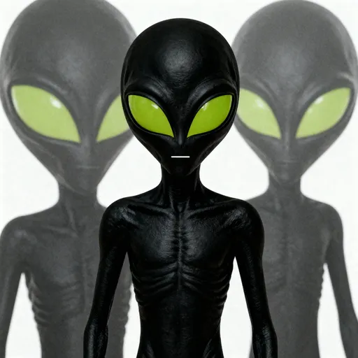 Prompt: An alien with black skin, tall and slim, big eyes without nose and a small mouth similar like a little horizontal line
