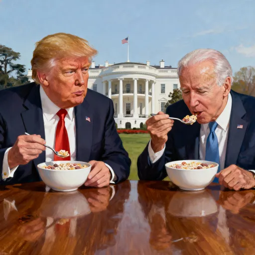 Prompt: Donald trump eating cereal with joe biden with the white house in the background
