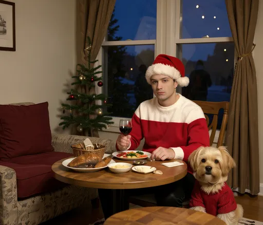 Prompt: It's Christmas time. The room is beautifullly, decorated for Christmas with a simple tree but no presents. There is a young man, with black, slack pants, red sweater and a Christmas hat, sitting at a table with his food, turkey leg, mashed potatoes, vegetables and basket of bread in the living room, alone celebrating and enjoying a dinner with his small dog. From his window, at a distance, you can see a people celebrating joyfully. He is sad everyone is celebrating with others but not him. He is alone with his dog.