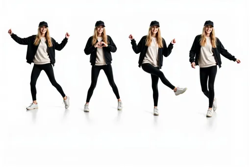 Prompt: photorealistic young woman ce583235 with long blonde hair, black cap, black jacket, light hoodie Multiple instances of the same character in different poses on a white background. The character is shown: Dancing: mid-dance move, arms and legs in rhythmic motion, joyful expression. Making a heart shape: hands forming a heart shape in front of the chest, warm smile. Kicking: one leg extended in a kicking motion, arms for balance, determined look. Walking: mid-stride, one foot in front of the other, natural arm swing, casual pose. Background: Clean white background, providing a pristine backdrop. Ample space between poses. Character design consistent across all poses. Arrange poses in a visually pleasing composition across the image.