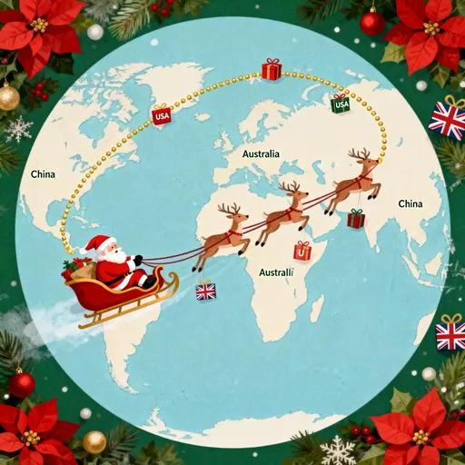 Prompt: Can you create me an hour long Santa map of him going around the world dropping present off in different countries