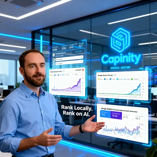 Prompt: A futuristic digital marketing agency office with holographic screens showing Google Maps rankings, ChatGPT chat window, Gemini AI interface, and Perplexity search results. The Capinity logo appears in glowing blue (#050516 and #0274BE) on the glass wall. A confident marketer explains how Capinity helps local businesses rank not only on Google but also inside LLMs like ChatGPT, Gemini, Grok, and Perplexity. Smooth camera motion, neon blue and white lighting, tech-inspired background, clean typography overlay reading “Rank Locally. Rank on AI.”, cinematic lighting, ultra-realistic, 4K, modern AI aesthetic.