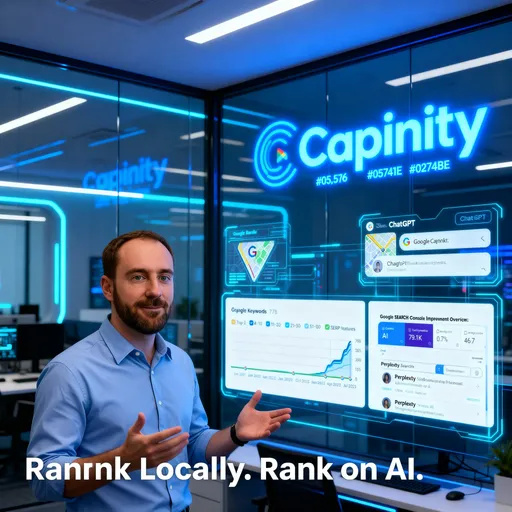 Prompt: A futuristic digital marketing agency office with holographic screens showing Google Maps rankings, ChatGPT chat window, Gemini AI interface, and Perplexity search results. The Capinity logo appears in glowing blue (#050516 and #0274BE) on the glass wall. A confident marketer explains how Capinity helps local businesses rank not only on Google but also inside LLMs like ChatGPT, Gemini, Grok, and Perplexity. Smooth camera motion, neon blue and white lighting, tech-inspired background, clean typography overlay reading “Rank Locally. Rank on AI.”, cinematic lighting, ultra-realistic, 4K, modern AI aesthetic.