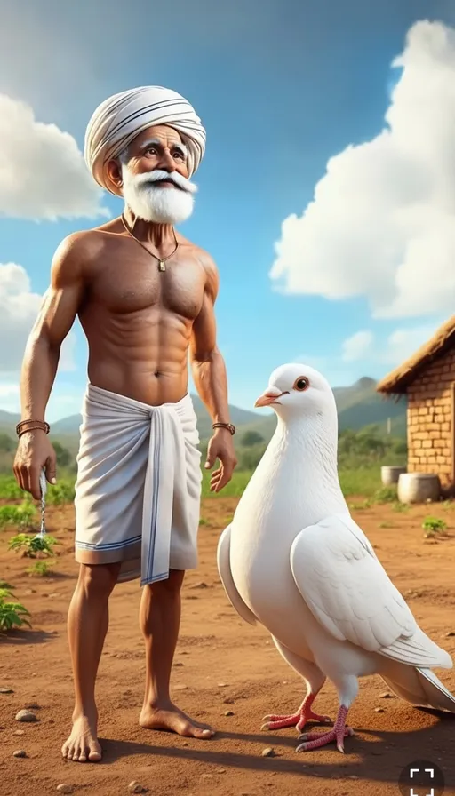 Prompt: Refined Image Editing Prompt:
"Remove the handpump and flowing water in front of the farmer. Move the farmer slightly backward so that his full body is clearly visible from head to toe. Add a large, pure white pigeon standing beside the farmer — the pigeon should be nearly the same height as the farmer. Keep the scene realistic, detailed, and well-lit with natural village background, maintaining the same color tone and lighting as the original image."