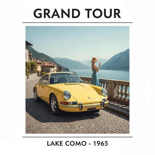 Prompt: Crea un poster 50x70 di una Porsche 911 classic gialla degli anni 60, raffigurata quasi frontalmente a tre quarti, parcheggiata a bordo strada vicino a un elegante parapetto e che lascia intravedere una bellissima vista di un lago da una posizione leggermente sopra elevata (come se fossi nella parte alta di un paese che si affaccia su un lago). La giornata è soleggiata e senza nuvole. Il cielo è terso. L'automobile deve essere protagonista del poster. Di fianco ad essa ci sarà una donna elegante che fuma la sigaretta con in testa un bellissimo cappello e con indosso un vestito blu mare.