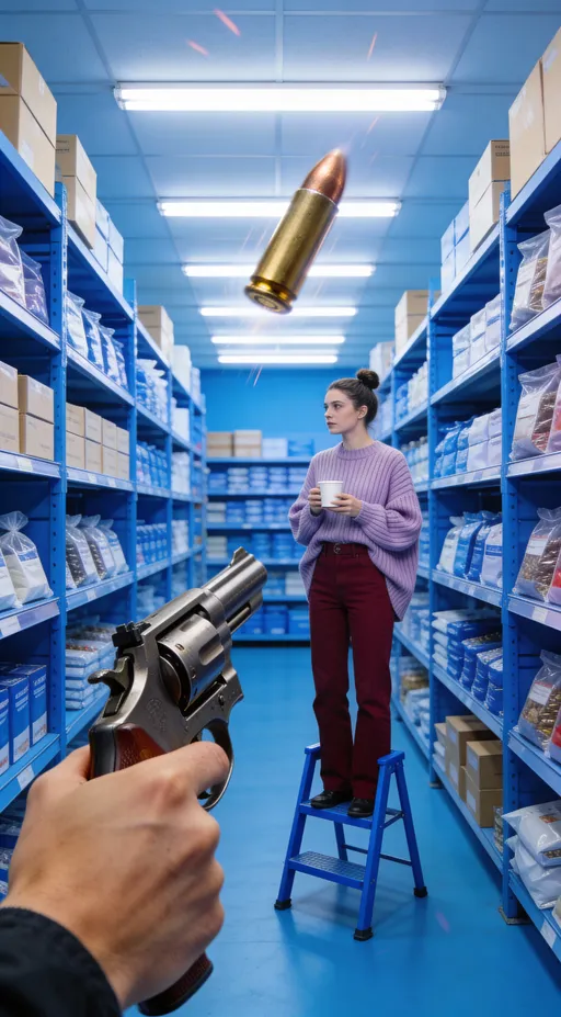 Prompt: This photograph captures a surreal scene inside a brightly lit, blue-themed grocery store. The entire store, including the ceiling, walls, and floor, is painted a vibrant blue. In the foreground, a person's hand is prominently holding a Revolver (Gun), suggesting a first-person perspective. The person's wrist and part of their arm are visible, wearing a dark-colored sleeve.The bullet in slow motion in the middle of air is been seen.

In the background, a young woman stands on a blue-painted step ladder in the middle of the store. She has light skin and dark hair tied back in a bun. She is wearing a light purple, long-sleeved, ribbed knit sweater that is slightly oversized, and high-waisted, dark red pants. She holds a small white cup in both hands, looking slightly to the left. 

The store shelves are filled with various packaged goods, including boxes and bags, arranged neatly. The shelves are also blue, matching the store's overall color scheme. Fluorescent lights on the ceiling provide bright, even lighting. The image has a humorous and whimsical tone, enhanced by the unexpected presence of a slowmotion gun firing  in a grocery store setting.