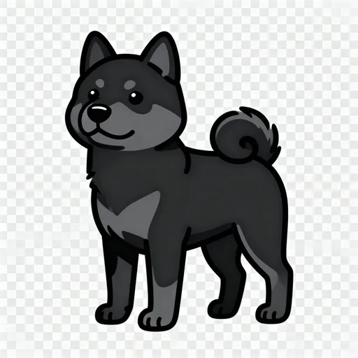 Prompt: A cool, friendly, cartoon-style black Jindo dog, looking alert and stylish. Simple line art, minimal details, clean black and dark gray colors, isolated on a transparent background. Style is modern, cute, and suitable for a mascot logo, matching the style of a white Jindo counterpart.