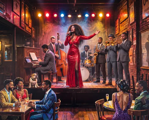 Prompt: New Orleans jazz nightclub scene featuring an African American female singer accompanied by double bass, piano, guitarist, and 3 brass horn players, saxophone, trumpet and trombone musicians, illustrated in the cutout paper collage style of art.  In the foreground there are a couple of tables with male and female couples listening to the show.  Using my images and art technique references provided, create a collage in my style.  Cover the provided image with random photo and magazine clips that are similar to the elements of the jazz night club scene.  The finished image is artistic and professional.