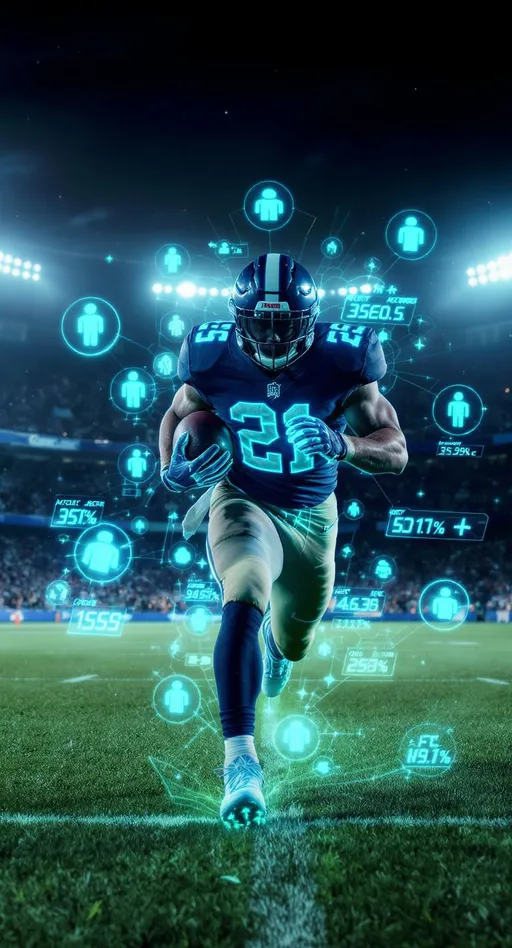 Prompt: Make a image of an american football player close up running on a night time lit up pitch.  He has the ball.  There are AI figures and labels attached to him displaying in neon blue.  Like performance numbers and figures and angles etc.