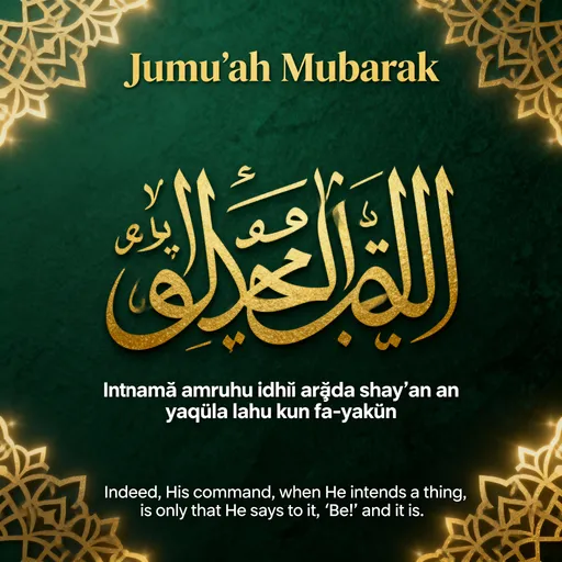 Prompt: Create a 600 × 600 Islamic-themed square image for "Jumu'ah Mubarak".
Design should be elegant, peaceful, and spiritual with soft gold and dark green tones.
Add a decorative Islamic border or light pattern in the background.
In the center, clearly display the Arabic Ayah:
“إِنَّمَا أَمْرُهُ إِذَا أَرَادَ شَيْئًا أَن يَقُولَ لَهُ كُن فَيَكُونُ”
Below it, add the transliteration in clean, readable English:
“Innamā amruhu idhā arāda shay’an an yaqūla lahu kun fa-yakūn”
At the bottom, add the meaning:
“Indeed, His command, when He intends a thing, is only that He says to it, ‘Be!’ and it is.”
Make all text perfectly clear, sharp, accurate, and without distortion.
Use elegant Arabic calligraphy for the Arabic part.
Do not change any of the text.
Keep spacing balanced and centered.
Add the title “Jumu’ah Mubarak” at the top in a stylish font.