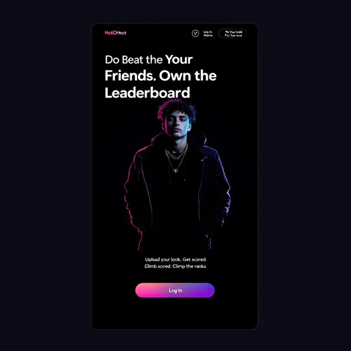 Prompt: Create a full-screen 9:16 vertical landing page for a mobile app called “HotOrNot.”  
Use a dark neon aesthetic: background gradient #0A0014 to #1C0035.  
Place a confident, stylish young adult wearing modern streetwear centered vertically, high contrast, clean full-body silhouette, no cropping.  
Add soft neon rim light in purple and pink around the figure.

Top: bold headline in Montserrat ExtraBold, white:
“Beat Your Friends. Own the Leaderboard.”

Subtext below in Poppins:
“Upload your look. Get scored. Climb the ranks.”

Bottom third: large glowing gradient button (purple → pink) labeled “Try Your Look Now,” centered.  
Under it: thin-outlined magenta button labeled “Log In.”

Right side: small floating “Fit Score” badge with neon ring.

No empty areas, no device frames, fully fill the 1080×1920 screen. Clean, modern, bold, high energy.
