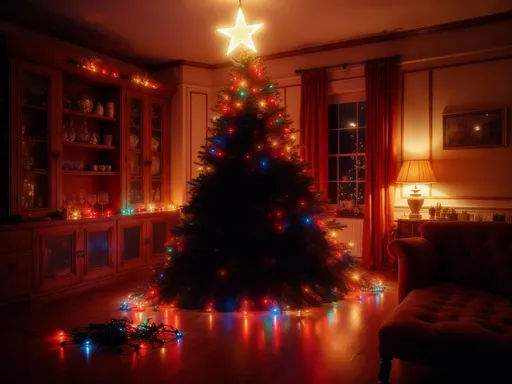 Prompt: Blacken out a third of the Christmas tree lights have place some on the floor