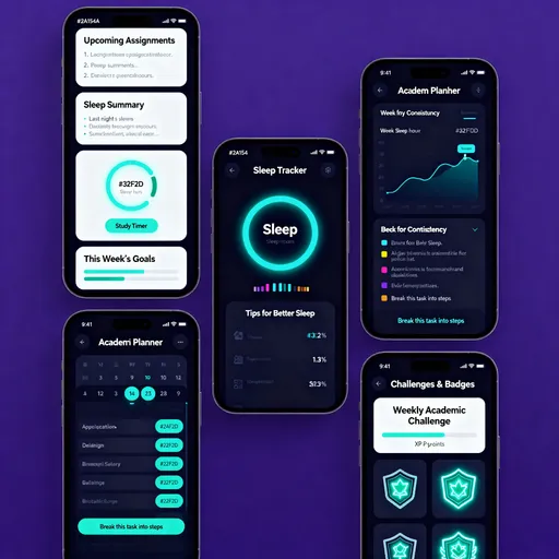 Prompt: “Create four realistic mobile app screenshots for a dark-mode academic wellness app called Ustudy. Use a deep purple background (#2A154A) with neon teal accents (#32F2D1). The style should be clean, modern, minimal, with rounded cards, glowing teal highlights, and high-contrast typography. Show only the UI—not a phone frame.

Screenshot 1 — Home Dashboard (Card Layout):
A card-based dashboard with four large cards: (1) ‘Upcoming Assignments’ with 2–3 tasks, (2) ‘Sleep Summary’ showing last night’s sleep hours and a teal glowing sleep score ring, (3) ‘Study Timer’ with a start button, and (4) ‘This Week’s Goals’ with progress bars.

Screenshot 2 — Sleep Tracker:
A full sleep-tracking dashboard with a teal glowing circular sleep score ring, a graph of sleep hours over the week, bedtime consistency bars, and a ‘Tips for Better Sleep’ section.

Screenshot 3 — Academic Planner:
A monthly calendar view in dark mode with neon teal date highlights. Include a task list on the side with color-coded assignments, deadlines, and an option labeled ‘Break this task into steps.’ Background purple with teal accents.

Screenshot 4 — Challenges & Badges:
A grid of challenge cards and achievement badges. Include a ‘Weekly Academic Challenge’ card with a progress bar, XP points, and glowing neon teal badge icons. Use a clean, organized layout with gamified visuals.”