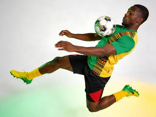 Prompt: A 30-year-old African professional soccer player in a dynamic pose, receives the ball on his chest in a jump. Turned slightly to the side, three quaters view. His face shows an exciting competitive facial expression. His uniform is bright and contrasting, green and yellow t-shirt with an african pattern fragments on it, black shorts with red fragments, yellow and green soccer boots. Studio lighting with a slight green and yellow uplighting, white background. Professional photography with trendy sports commercial post production in the style of behance, 8k
