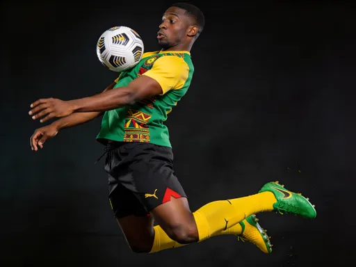 Prompt: A 30-year-old African professional soccer player in a dynamic pose, receives the ball on his chest in a jump. Turned slightly to the side, three quaters view. His face shows an exciting competitive facial expression. His uniform is bright and contrasting, green and yellow t-shirt with an african pattern fragments on it, black shorts with red fragments, yellow and green soccer boots. Studio lighting, dark background. Professional photography with trendy sports commercial post production in the style of behance, 8k