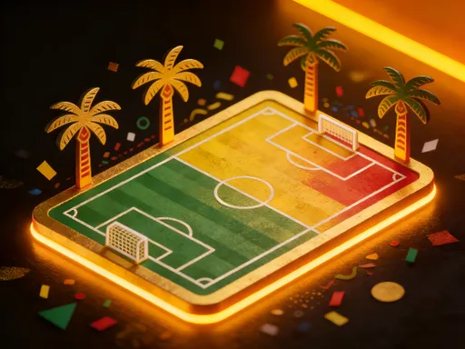 Prompt: create composition consists of creative bright 2d icons of soccer field with few palms and  some abstract shapes like confetti as decoration. Make perspective view. All composition should be stylized a little in a traditional graphic african style and also add a little texture to make antique style. Colors should be gold yellow and green and red with a little yellow and orange neon uplighting. Dark background. 8k