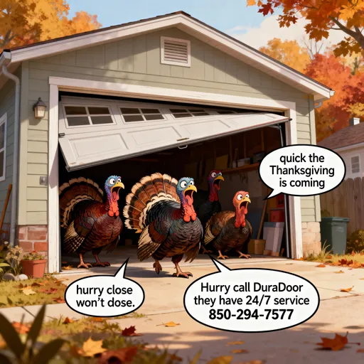 Prompt: Scared turkeys hiding in a garage with a crooked garage door. One turkeys says “hurry close the door”,another turkey say “quick the Thanksgiving is coming”. Another turkey says “the door won’t close”Than another turkey says hurry call DuraDoor they have 24/7 service
850-294-7577