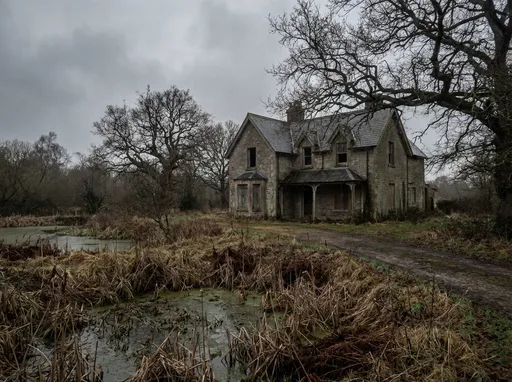 Prompt: Gloomy dark modest Victorian country house, no boarded up windows, stagnate ponds with dying weeds in front and to the left of house. Large trees surround house. Dark overcast sky. 
