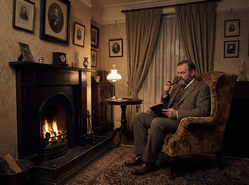 Prompt: modest Victorian sitting room, low fire in fireplace, large over stuff high backed chair sitting front of fireplace, small table next to chair, middle aged Victorian man sits reading a book, smoking a pipe. 
