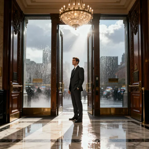 Prompt: Man in a smart suit standing in the entrance to a bank