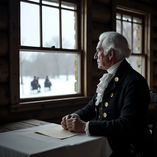 Prompt: @wgnbKmuEBJ8ZKLlbtQH5 is made to look as realistic as possible, he is to be wearing his general uniform and looking at out the window of an old log cabin, while sitting at a table with letters in front of himw. out the window it will be a heavy snowfall and you can faintly see some camps with campfires and revolutionary soldiers sitting around them.