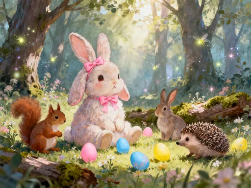 Prompt: an easter bunny in a woodland, forest environment, with other woodland creatures, with pastel coloured easter eggs on the ground. magical, whimsy feel
