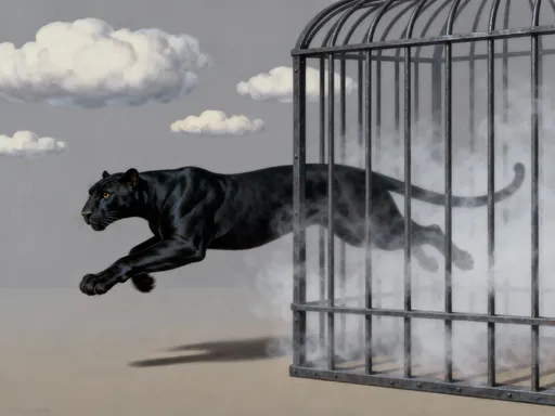 Prompt: Rilkes Panther escaping the cage in Renee Magritte Style
