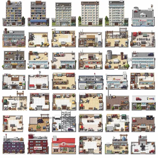 Prompt: Give Me a Sprite Sheet  for the INSIDE of each building keep it as close to source material as possible. But Make Sure to give me the INSIDE of EACH building/establishment