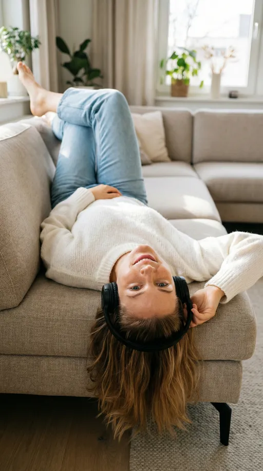 Prompt: Young woman lying upside down on a modern beige sofa in a cozy sunlit living room, legs resting up on the couch, wearing casual light denim jeans and a soft oversized white sweater, wireless headphones on, relaxed and smiling peacefully.

Face strictly based on the uploaded base portrait, identical facial structure, jawline, cheekbones, nose and lips, always blue eyes, soft natural closed-mouth smile, no visible teeth.

Skin warm natural tone with subtle freckles and realistic texture.

Hair always light brown with blonde highlights, warm honey tones only, never silver, never platinum, shoulder-length loose waves slightly messy and natural.

Minimal makeup, fresh clean look, feminine and approachable.

Interior style modern neutral tones, soft daylight through windows, lifestyle editorial photography, cinematic natural lighting, shallow depth of field, ultra-realistic, high resolution, vertical 9:16, Instagram aesthetic.

🚫 NEGATIVE PROMPT (VERY IMPORTANT)

different face, different woman, brown eyes, green eyes, silver hair, grey hair, platinum blonde, heavy makeup, exaggerated smile, visible teeth, tattoos, messy distortions, extra fingers, extra arms, crossed eyes, watermark, logo, text, cartoon, illustration, AI art