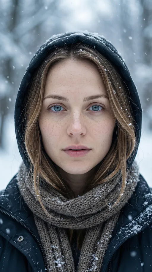 Prompt: A realistic digital portrait of a female AI avatar named Lexi in a snowy winter environment. She has light brown hair with subtle blonde highlights, blue eyes, natural freckles, and smooth realistic skin texture. She is wearing a dark hooded winter jacket and a thick knitted scarf wrapped around her neck. Small snowflakes are visible on her hair, hood, and clothing. She is facing the camera directly with a calm neutral expression and slightly parted lips, no big smile. Soft cold daylight, cool colour tones, shallow depth of field, blurred snowy background, cinematic lighting, ultra-detailed, high realism, natural look, no heavy makeup, no exaggerated features, no text, no watermark.