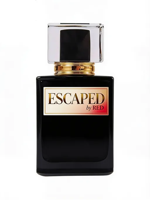 Prompt: Create a luxury perfume label design for a black perfume bottle. The fragrance name is “ESCAPED by RED”—spell it exactly as written. Design the label to fit the bottle’s shape and available front surface, with a refined, high-end look that complements the black finish. Use elegant typography, strong readability, and a sophisticated palette such as metallic gold, warm ivory, and red Keep the design clean and balanced, with “ESCAPED” as the main focus and “by RED” smaller right beneath it. Make the label look like a realistic, professionally printed label applied smoothly to the bottle, following its contours. Avoid changing the bottle, adding extra text, or placing the design outside the label area. 