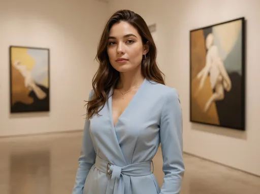 Prompt: Aira Moon, realistic soft-luxury aesthetic, warm skin texture,elegant woman posing in a modern art gallery, pastel blue wrap dress, loose soft curls, minimal jewelry, neutral calm expression, soft studio lighting, elegant and clean Instagram influencer look.