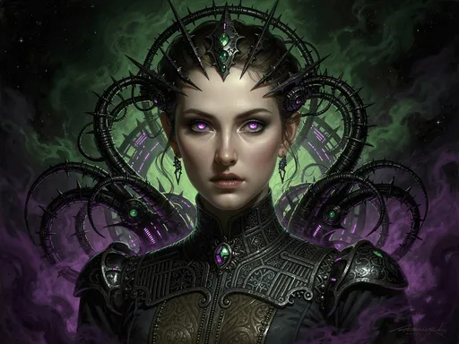 Prompt: a baroque neoclassicist close - up portrait of a retrofuturistic witch gazing intensely with glowing eyes surrounded by black glowing lovecraftian technology. head, face and shoulders, deep green and purple foggy black background. renaissance portrait painting. highly detailed science fiction painting by norman rockwell, frank frazetta, and syd mead. rich colors, high contrast, gloomy atmosphere, dark background. trending on artstation