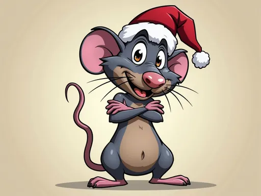 Prompt: a mad rat cartoon with crossed arms. The rat has a Santa hat on.