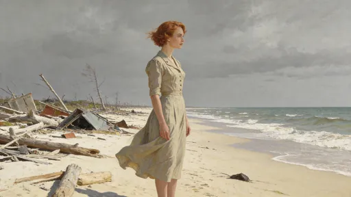 Prompt: @Hoj80SSoY8QGmmFZN9DZ Desolate Florida Gulf shore after hurricane, gray overcast sky, debris scattered on sand including driftwood and wreckage, young 1930s woman in period dress standing alone at water's edge looking out to sea, wind blowing her skirt and hair, lonely figure against vast empty horizon, melancholic beauty, Andrew Wyeth's Christina's World atmosphere, cinematic wide shot, 4K