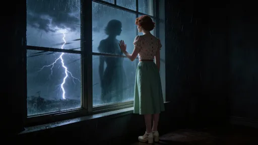 Prompt: @Hoj80SSoY8QGmmFZN9DZ Young 1930s woman standing at window watching violent storm outside, rain lashing against glass, her reflection ghostly in dark window, hand pressed against cold glass, wind howling audible through rattling panes, interior nearly dark, her figure silhouetted against lightning flashes, vigil of worry, cinematic isolation, 4K