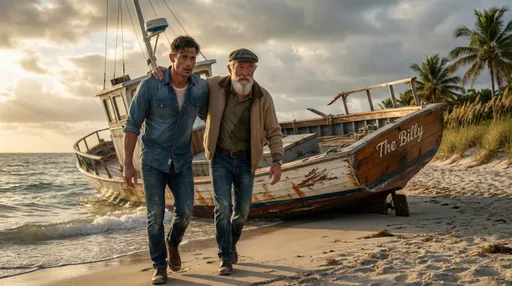 Prompt: @oLdONxFUW2y5m2hByAbl @PSumNAdOsomkRdok2wMQ Battered wooden fishing boat "The Billy" washed up on sandy Florida shore at dawn, vessel tilted but intact, damage visible but not destroyed, exhausted crew members emerging and stumbling onto beach, golden morning light breaking through clouds, miracle of survival, relief and exhaustion, cinematic rebirth moment, hope after catastrophe, 4K