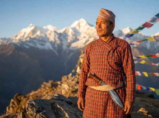 Prompt: Nepali man with authentic Nepali dress with khukuri in his waist and authentic Nepali topi.