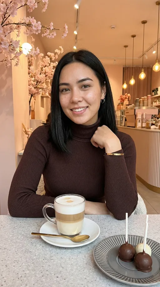 Prompt: This photograph captures a young woman has a fair to tan skin tone with a subtle natural glow.  and her complexion is clear with a few small, faint blemishes on her cheeks. And she has brown eyes, sitting at a table in a cozy, modern café. She is wearing a dark brown, ribbed, turtleneck sweater and has a gold bracelet on her left wrist. Her right elbow rests on the table. She has a smile on her face showing her teeth and is wearing small, silver hoop earrings.

In front of her on the table is a clear, glass cup with a white coffee drink, topped with a light brown stripe. Next to the cup is a white saucer with a small gold spoon resting on it. On the right side of the table, there is a gray, patterned plate with two white, round, chocolate-covered truffles, each with a single white stick inserted into them. The table is covered with a light gray, speckled tablecloth.

The background features a soft, warm ambiance with light pink cherry blossom branches, adding a touch of springtime charm. Behind the woman, the café's interior is visible, including a counter with various items and a series of hanging lights. The overall color palette is warm and inviting, with soft pinks, browns, and whites.