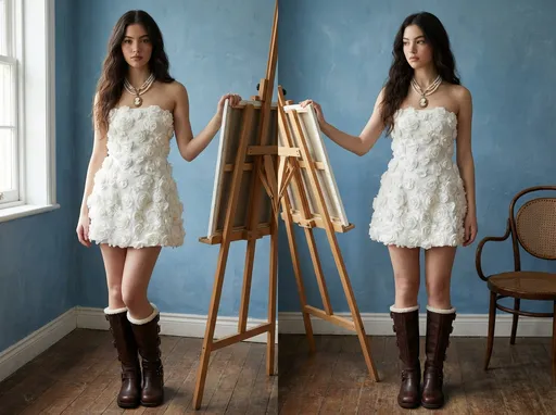 Prompt: Keep the original face from the uploaded photo. Full-body ultra-realistic portrait of a young woman with long wavy dark hair, standing beside a wooden easel in a softly lit studio.
She is wearing a short strapless white dress covered entirely in dense 3D floral appliqués, fitted at the waist and flaring slightly at the hem.
She also wears dark brown knee-high leather boots with buckles and white inner lining peeking above the top.
Jewelry includes a layered pearl necklace with a vintage cameo pendant at the center.
Her expression is soft and relaxed as she gently holds the easel with both hands.
Background is a textured blue wall, vintage and artistic, with a wooden floor and a classic woven chair partially visible.
Lighting is natural, soft, dreamy, emphasizing the delicate floral textures of the dress