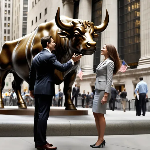Prompt: Create an image of a businessman greeting a businesswoman speaking in front of the statue of the bull at the New York Stock Exchange 
