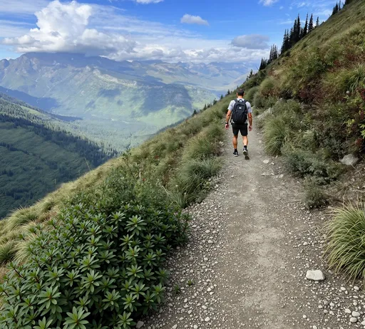Prompt: @PYOdR9wMqurrY4OiVZ9m is walking up this trail, with his back to the camera, he is wearing his normal hiking clothes with an REI hiking back pack.