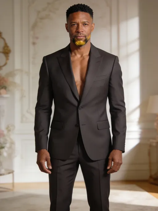 Prompt: full body shot front view of Photorealistic art style mid-40s to mid-50s man of African descent with a medium-light brown complexion and golden undertones, black low-cut slightly curly hair, short boxed beard, lean and tall build, wearing a charcoal bespoke power suit, neutral expression, neutral indoor lighting
 face to viewer, background is a suitable beautiful scene