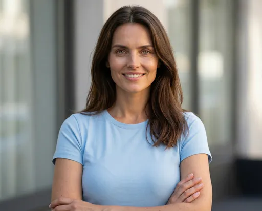 Prompt: Front-facing portrait of that woman wearing a baby blue fitted t-shirt, natural makeup, visible skin texture , hair worn down with a natural middle part, relaxed shoulders, calm confident expression, outside background, soft window lighting, hyper-realistic, modern feminine profile photo. While having arms crossed and looking relaxed, and smiling. 