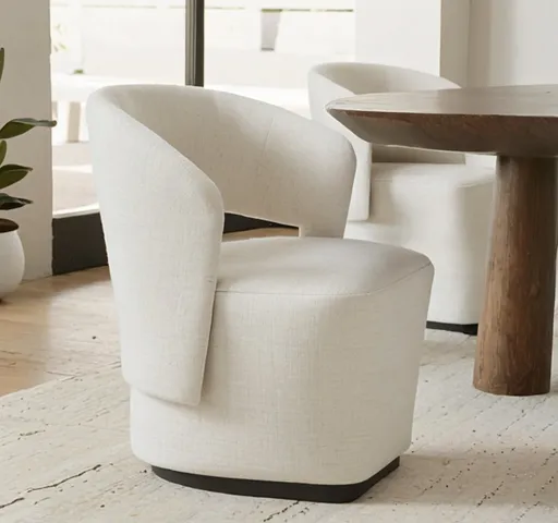 Prompt: can you use these exact chairs.  This is a digital product photograph of a modern, minimalist armchair with a light ivory linen fabric upholstery. The chair is shown in a three-quarter view against a plain white background. The armchair features a unique, curved design with a high, semi-circular armrest that extends upwards and slightly backwards, creating a sleek, contemporary look. The armrest is marked with a dimension of 11.7 inches in height and 20.3 inches in width. The backrest is 20.5 inches tall and 24.8 inches wide, while the seat is 24.6 inches wide and 31.9 inches deep. The chair's overall height is 37.9 inches. The fabric has a soft, slightly textured appearance, and the stitching is visible, adding to the chair's modern aesthetic. In the top right corner, there is a small logo with the text "May x 30" and an illustration of a house. The text "PRODUCT DIMENSIONS" is prominently displayed in bold, uppercase letters at the top left of the image. The photograph uses a clean, minimalist style, focusing on the dimensions and design of the chair, with precise black lines indicating the measurements.
