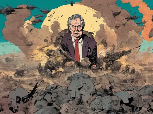 Prompt: InkPunK XL. On one large picture : Show a small planet on which two gangs are facing each other with a lots of massive destruction weapons. 
On one side Donald Trump looks angry as well as his buddies Rubbio, Witcoff, JD Vance, chief of army, Tony Blair. Oon the other side we see Xi Ping who looks calm, Vladimir Putin, President of Korea. Then we see, in the middle, Arab leaders with dollar signs in their eyes. 
