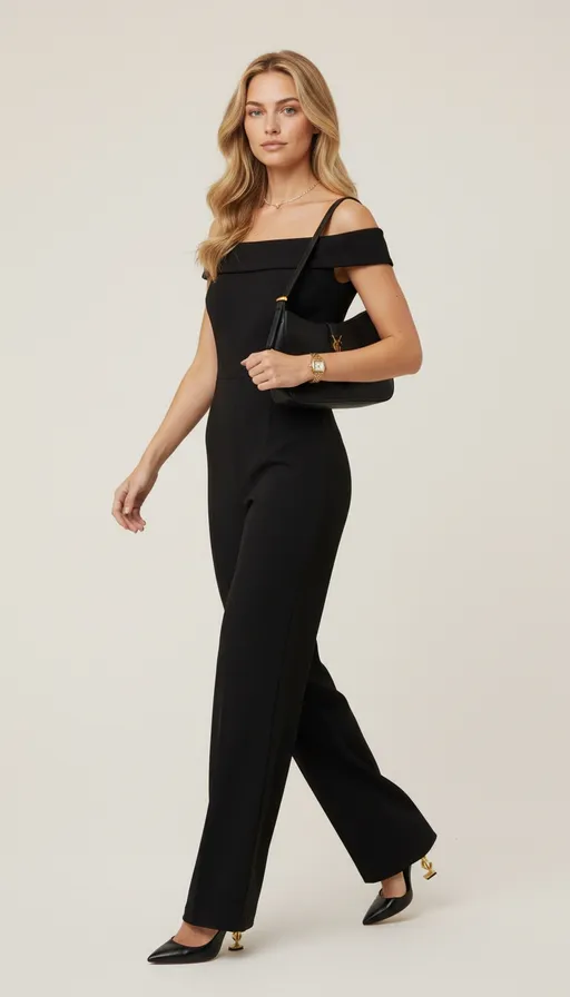 Prompt: A woman inspired by the facial features of the woman in the first reference image, but not an exact replica — a distinct and original individual.
She is wearing the elegant black off-shoulder jumpsuit from the second reference image, along with the same gold wristwatch, delicate gold necklace, black YSL handbag, and black high-heeled shoes.
Full-body shot, head-to-toe visible, with the shoes clearly shown.
Long, wavy, light brown to dark blonde hair, naturally styled with soft volume.
Very light, natural makeup (even skin tone, subtle mascara, natural-looking lips).
Realistic skin texture with visible pores and subtle natural freckles or beauty marks.
Realistic and well-proportioned body anatomy.
Professional high-fashion editorial photography style.
Soft, balanced studio lighting with no harsh shadows.
Ultra-realistic photograph, high resolution, sharp details, natural color tones.
Clean, modern, elegant aesthetic suitable for Instagram content.

low quality, blurry, out of focus, overexposed, underexposed, bad anatomy, distorted body, extra limbs, extra fingers, deformed hands, unrealistic proportions, plastic skin, overly smooth skin, heavy makeup, exaggerated facial features, cartoon, illustration, CGI, artificial look, watermark, logo, text, duplicate face, crossed eyes, harsh shadows, messy hair covering face

Denoise: %40–60
CFG: Medium

Minimal, seamless studio background in soft light grey or warm off-white tones, clean and distraction-free, luxury fashion editorial studio setup.

Full-body vertical shot, 9:16 composition, model captured mid-walk, natural movement, elegant posture, handbag slightly in motion, cinematic fashion street photography style.


