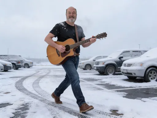 Prompt: @csLePVl14LmtFzDApNDS is playing guitar walking through a snowy parking lot