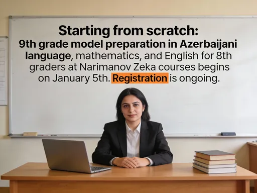 Prompt: Bir müəllim masada əyləşir və deyir 5 yanvar Nərimanov Zəka kurslarında 8-ci siniflər üçün 0-dan Azərbaycan dili,riyaziyyat,ingilis dilindən 9-cu sinif modelində hazırlıq başlayacaq qeydiyyat davam edir.